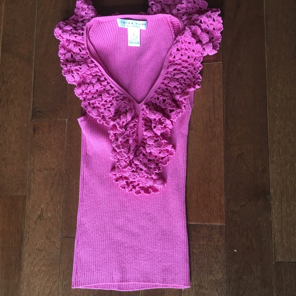 M Trina Turk Pink Crochet Ruffle Sleeveless Top